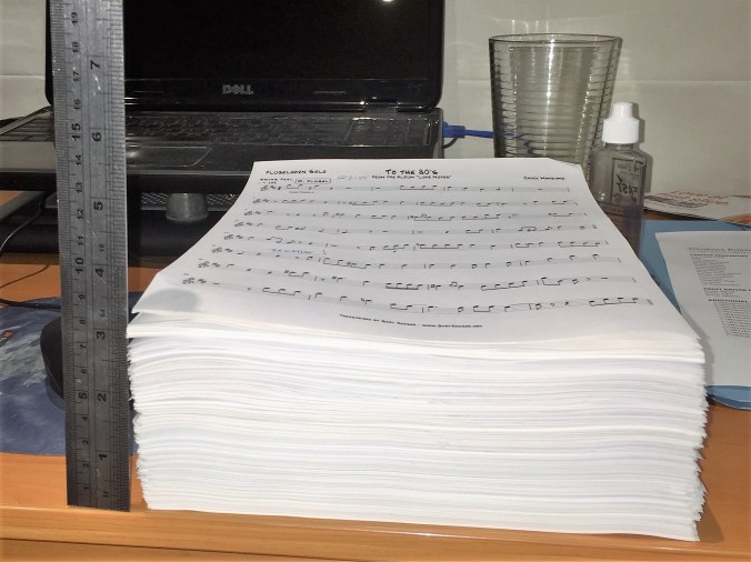 A ream of transcriptions. The pile of trumpet charts I've transcribed, to date.