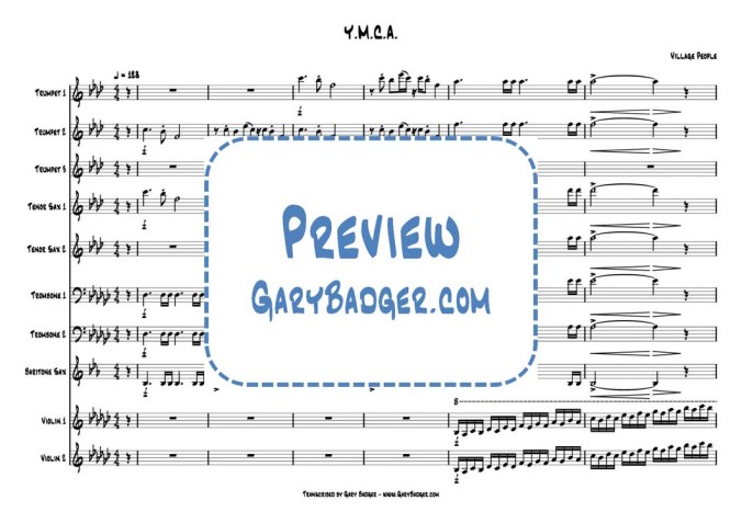 Village People - Y.M.C.A. Trumpet Trombone Sax Violin score and chats. Transcribed by Gary Badger - www.GaryBadger.com