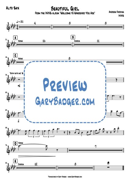 INXS - Beautiful Girl - Alto Sax. Transcribed by Gary Badger - www.GaryBadger.com