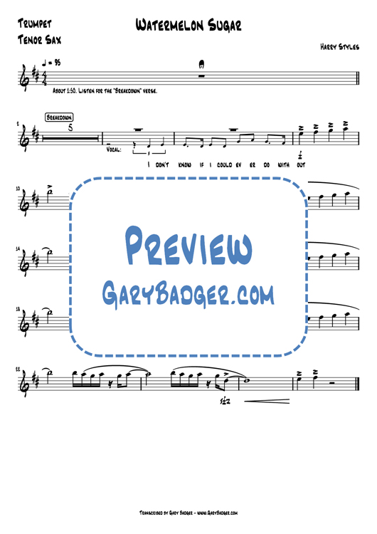 Harry Styles - Watermelon Sugar - Trumpet Tenor Sax. Transcribed by Gary Badger - www.GaryBadger.com