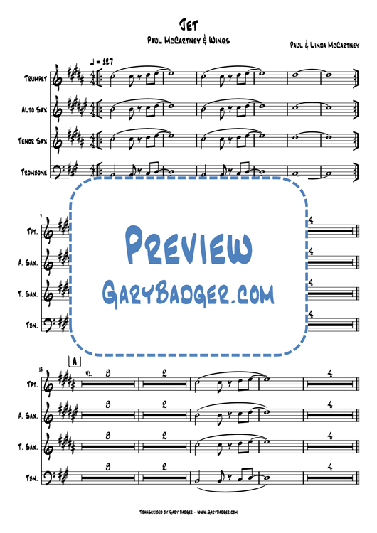 Paul McCartney & Wings - Jet - Trumpet Sax Trombone. Transcribed by Gary Badger - www.GaryBadger.com